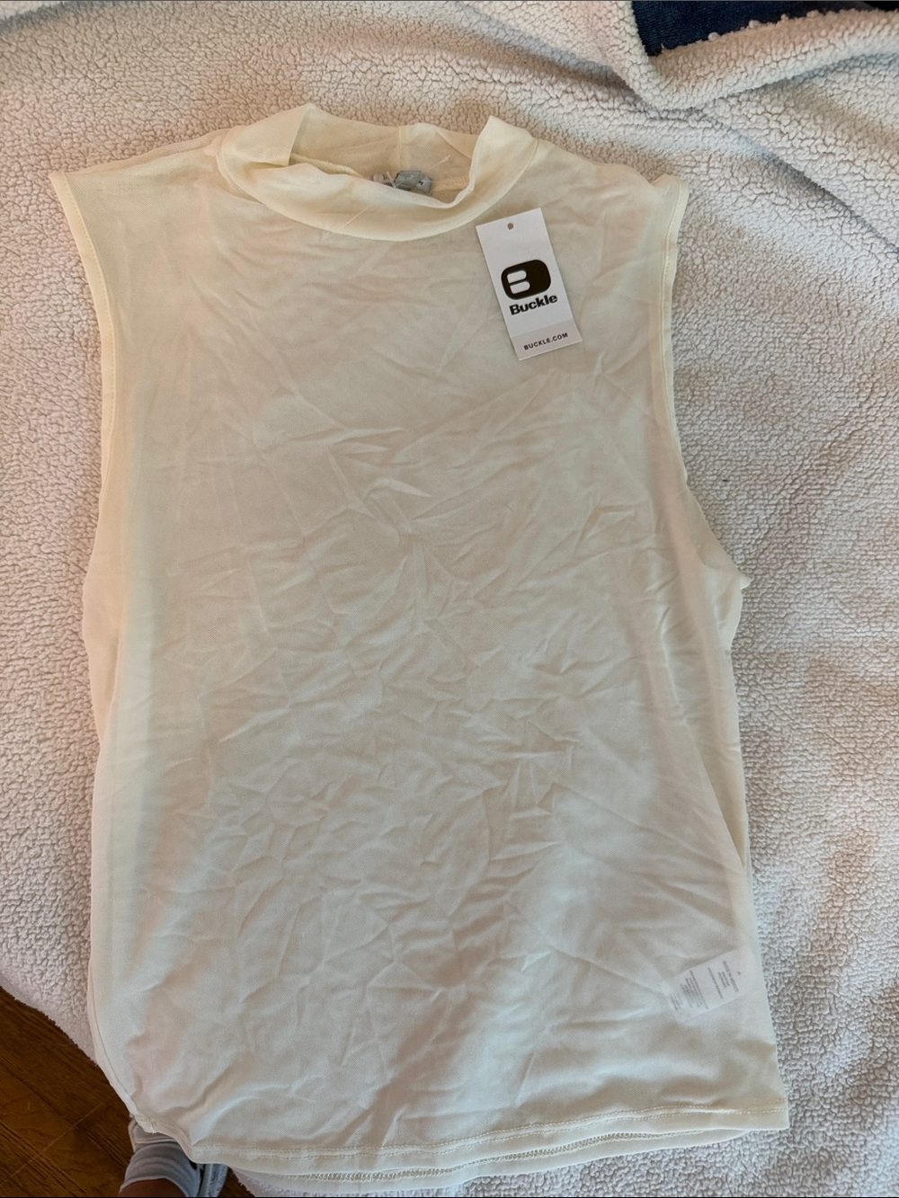 Buckle Sheer Sleeveless Mock Neck Tank in Cream